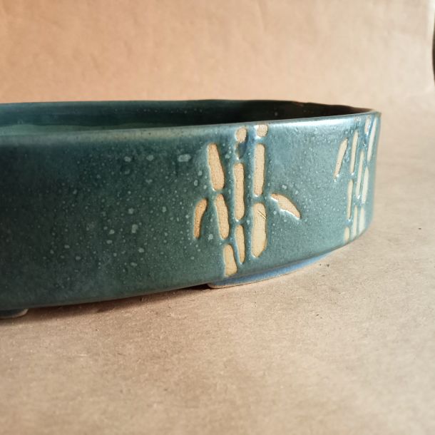 Vaso bonsai ovale basso color ottanio con decorazione bambù