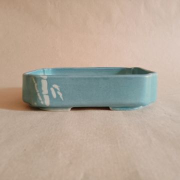 Vaso azzurro rettangolare per bonsai shohin con disegno di bambù a contrasto