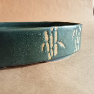 Vaso bonsai ovale basso color ottanio con decorazione bambù