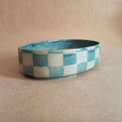 Vaso per shohin bonsai in gres a scacchi azzurri