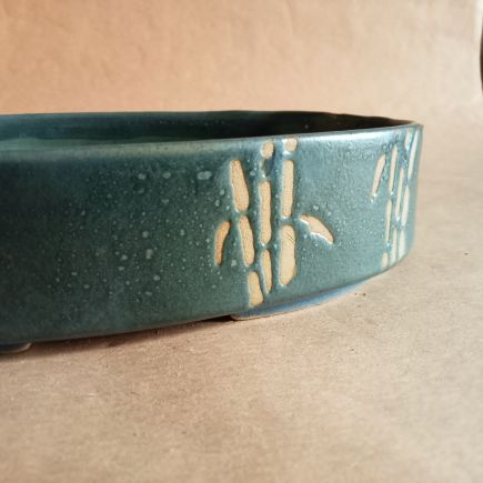 Vaso bonsai ovale basso color ottanio con decorazione bambù