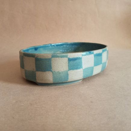 Vaso per shohin bonsai in gres a scacchi azzurri