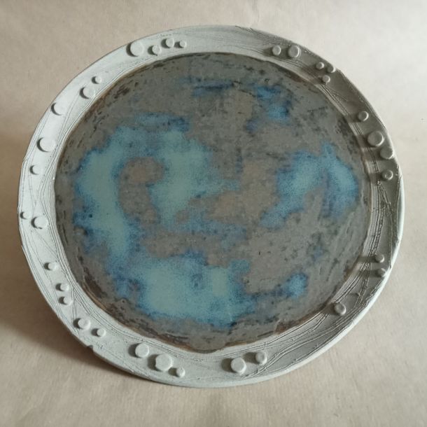 Piatto grande da portata in gres smaltato, bordo decorazione Liberty